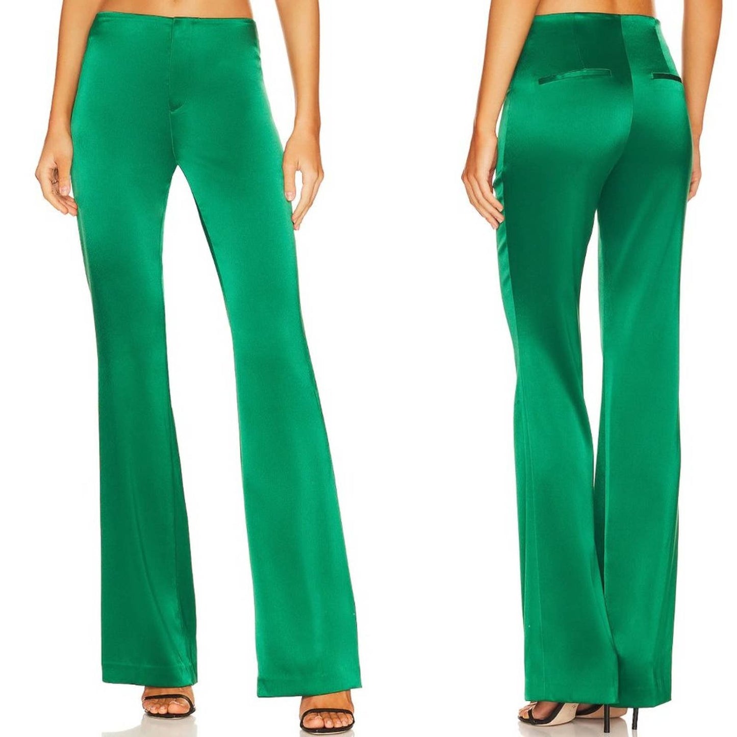 NEW Alice + Olivia Teeny Fit Flare Bootcut Pant Emerald Green Satin Bell Bottoms