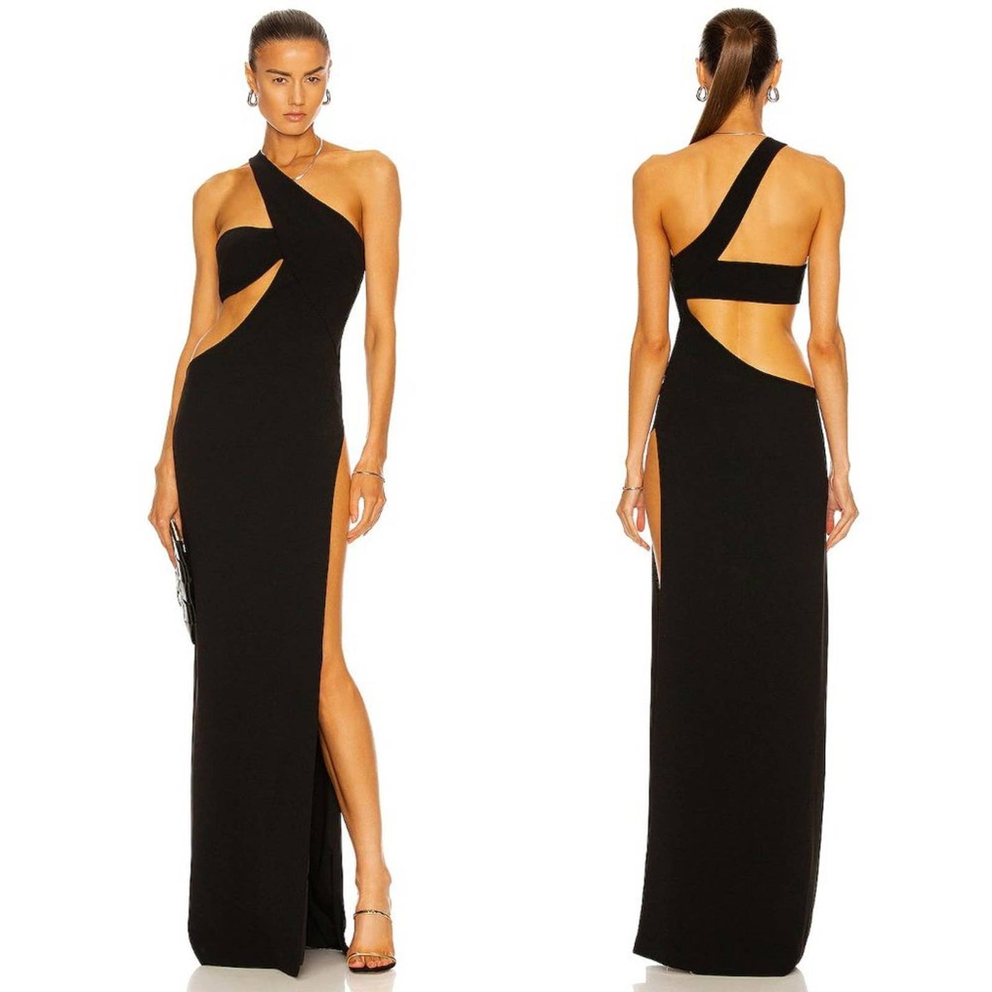 NEW MONOT Cutout One Shoulder Maxi Dress in Black Sexy Cut Out Formal Gown 0 XS