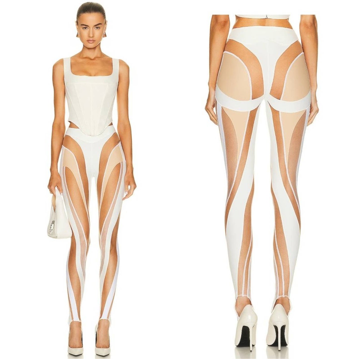 NEW Mugler Sheer Spiral Legging in Ivory White & Beige Nude Mesh 42 / 10 / Large