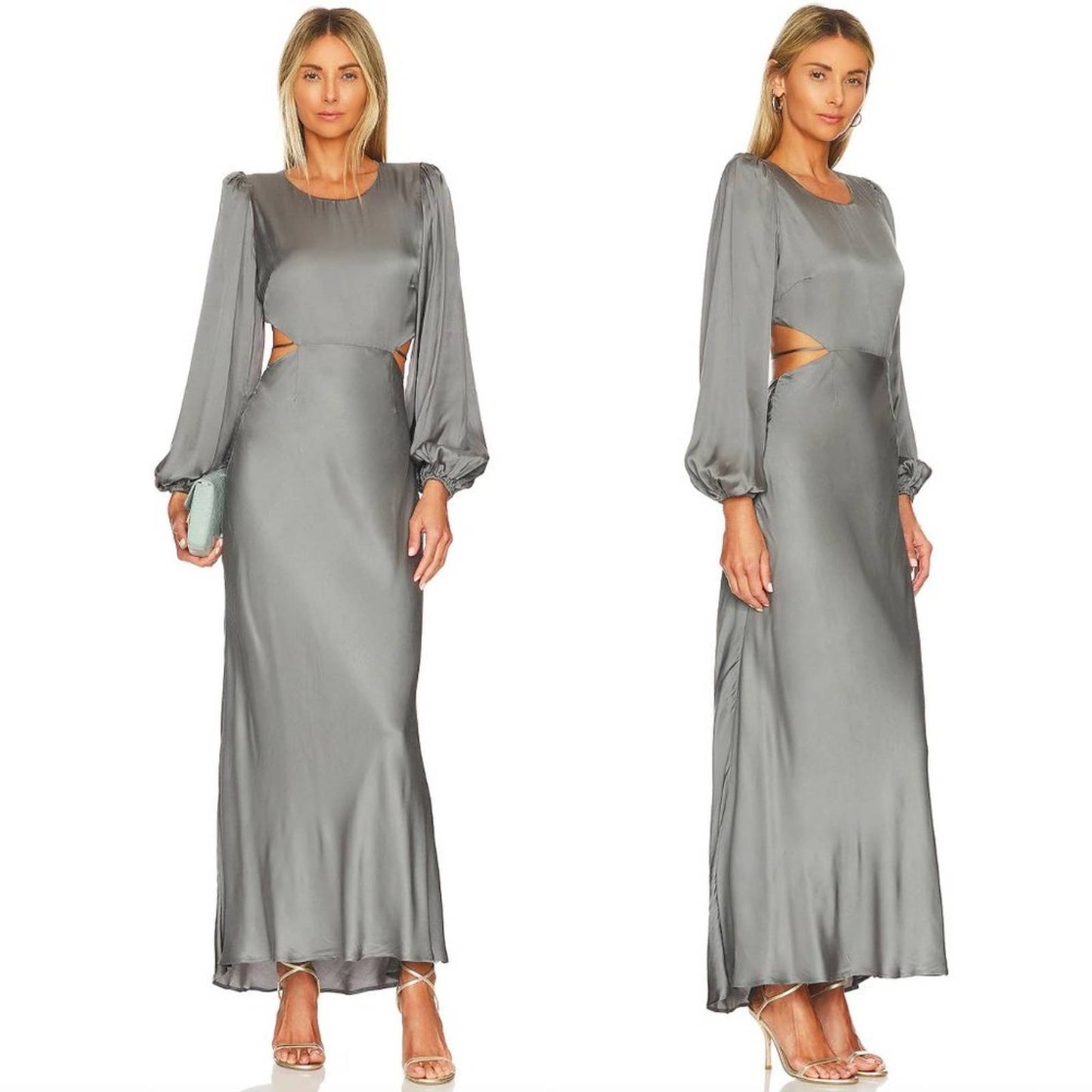 NEW ASTR the Label Quinn Maxi Dress Sage Gray Grey Long Sleeve Satin Gown Medium