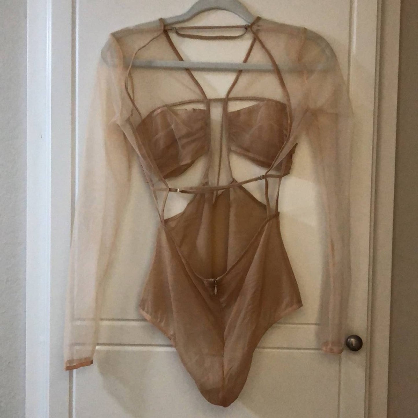 Nensi Dojaka Gathered Long Sleeve Bra Top Bodysuit in Sable Nude Tan Mesh Small