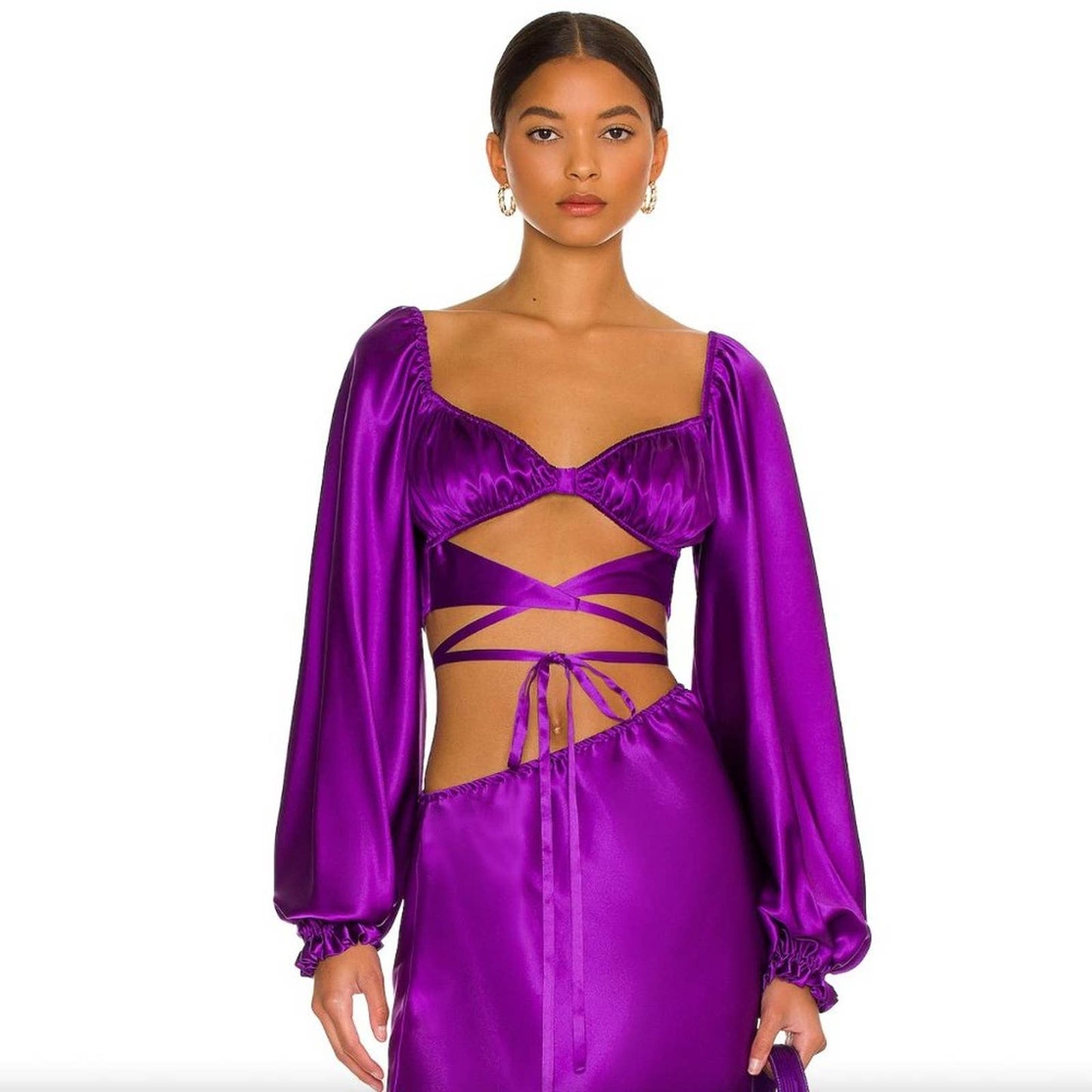 NEW Silk Roads by Adriana Iglesias Estela Crop Top Purple Wrap Satin Long Sleeve