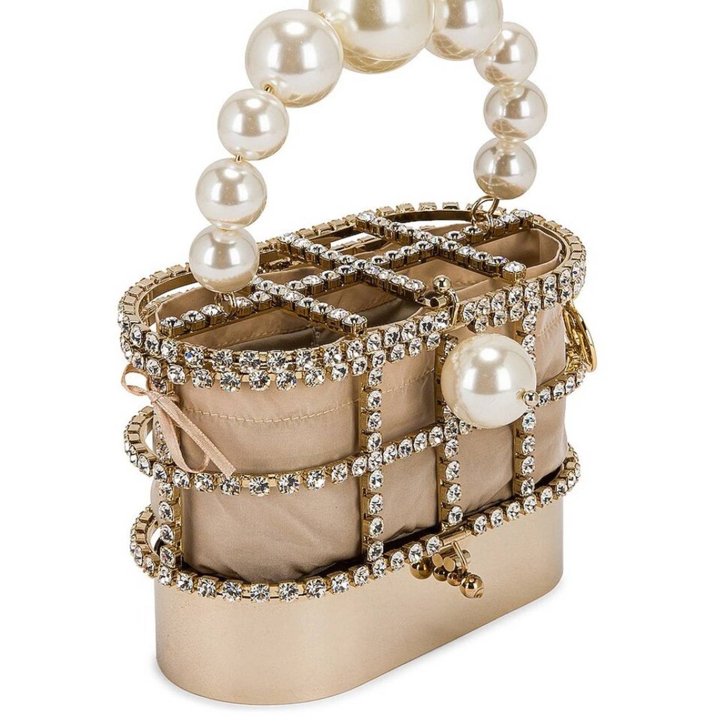 NEW Rosantica Holli Hide And Seek Bag in Gold With Crystals & Pearls Beige Tan