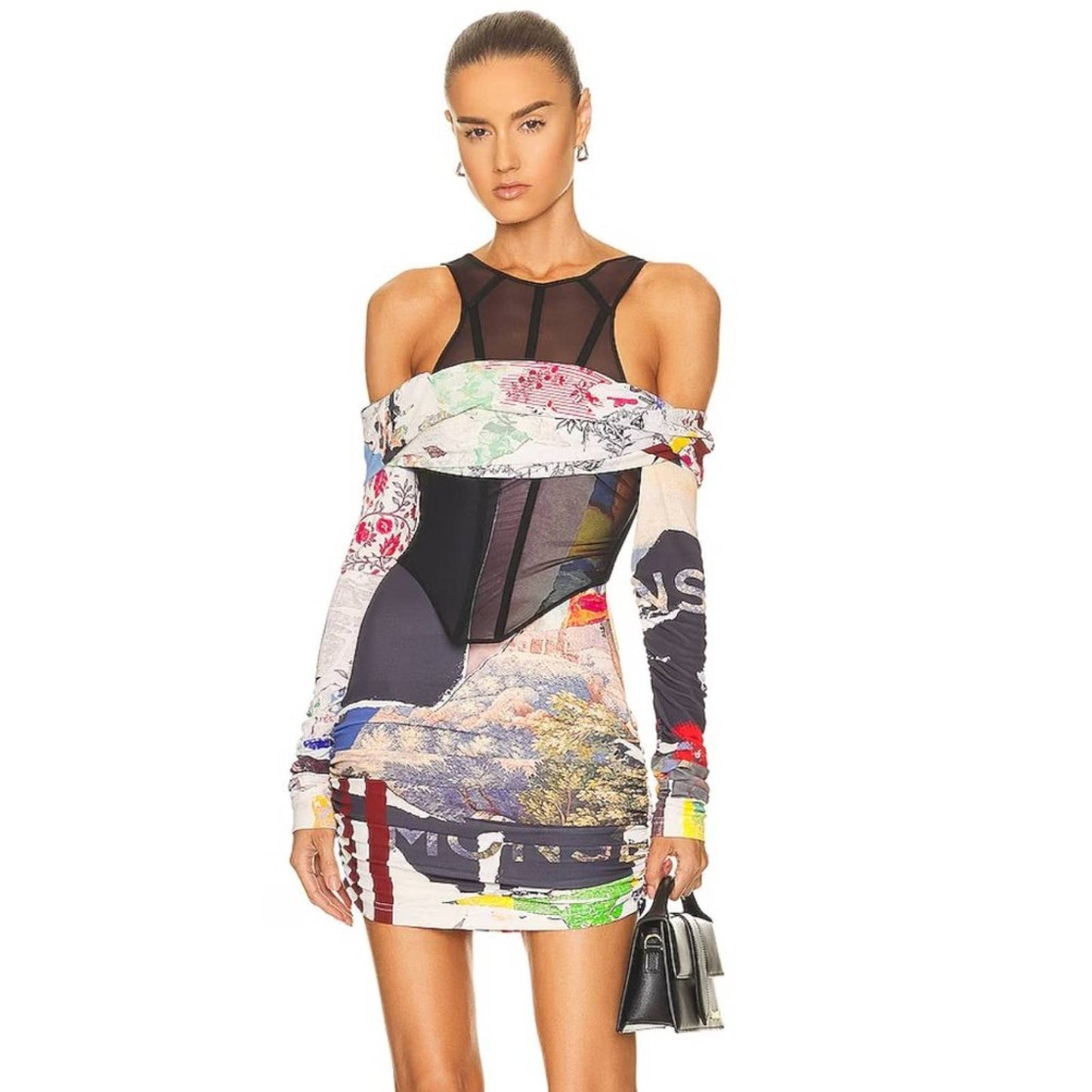 NEW Monse Mesh Bustier Print Mini Dress in Black White Multi Long Sleeve 0 XS