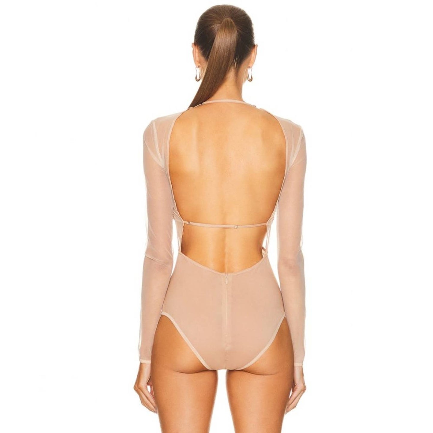 Nensi Dojaka Gathered Long Sleeve Bra Top Bodysuit in Sable Nude Tan Mesh Small