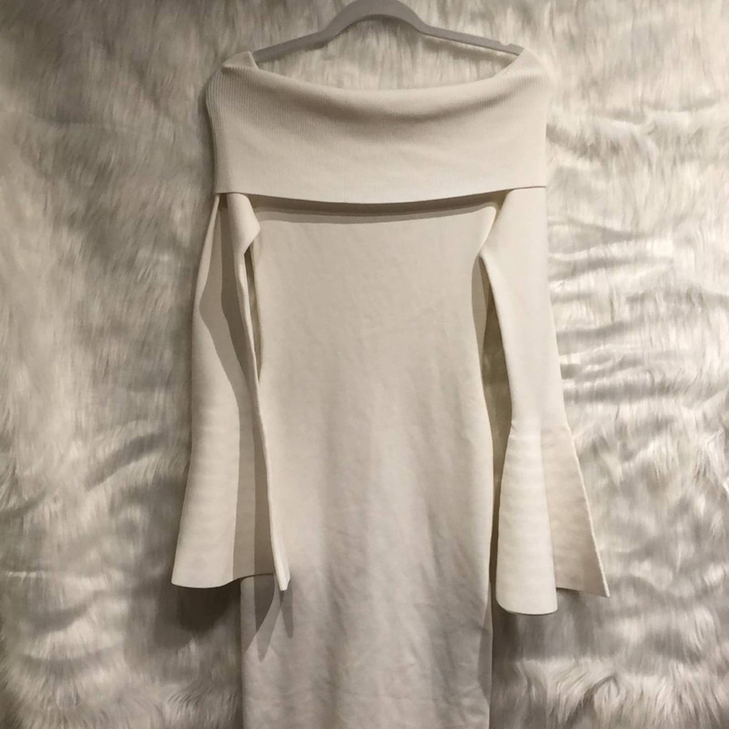 SOLACE London Mori Midi Dress in Cream White Medium M Classy Long Bell Sleeve