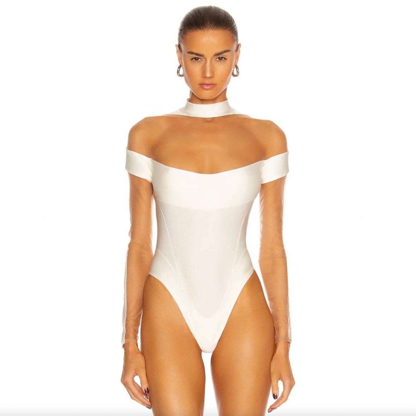 NEW Mugler Illusion Long Sleeve Bodysuit in White Nude - Cutout Mesh - 38 / 6