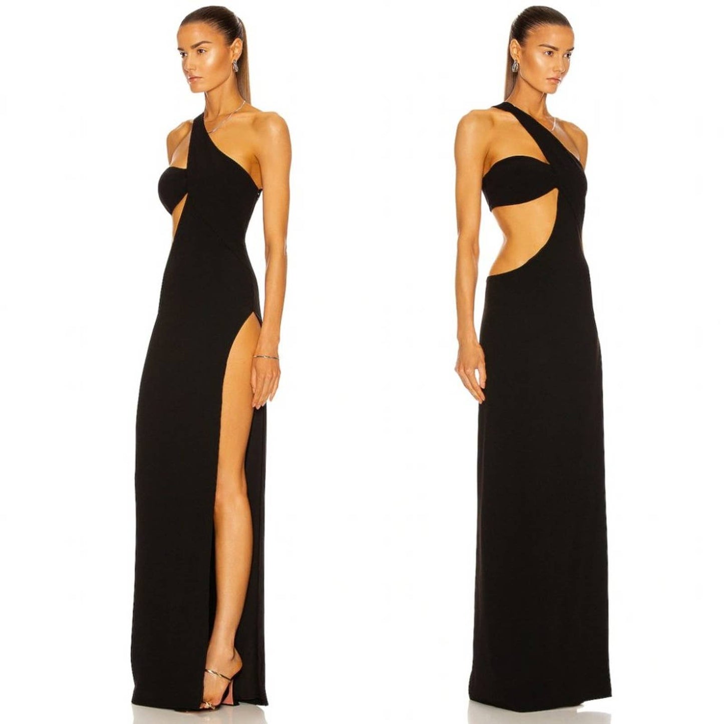 NEW MONOT Cutout One Shoulder Maxi Dress in Black Sexy Cut Out Formal Gown 0 XS