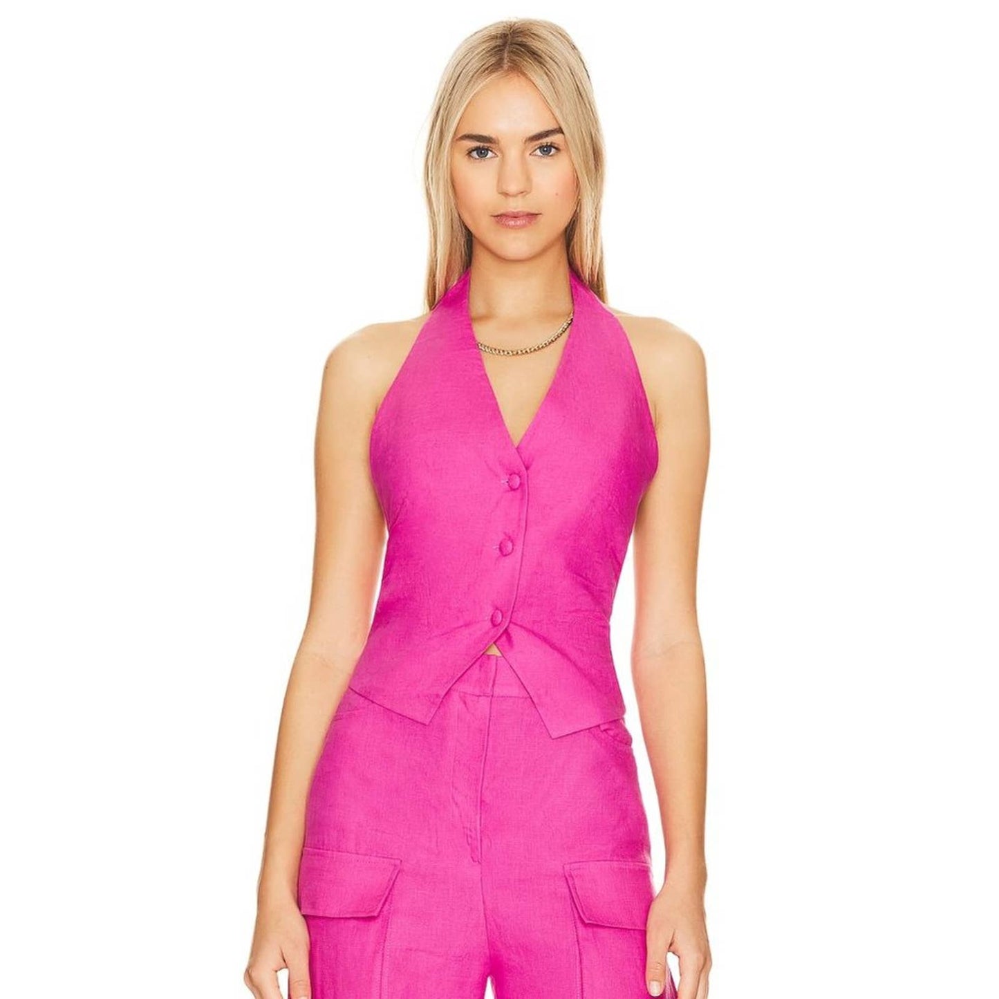 NEW SELMACILEK Linen Vest in Fuchsia Hot Pink Cropped Crop Top Backless XS