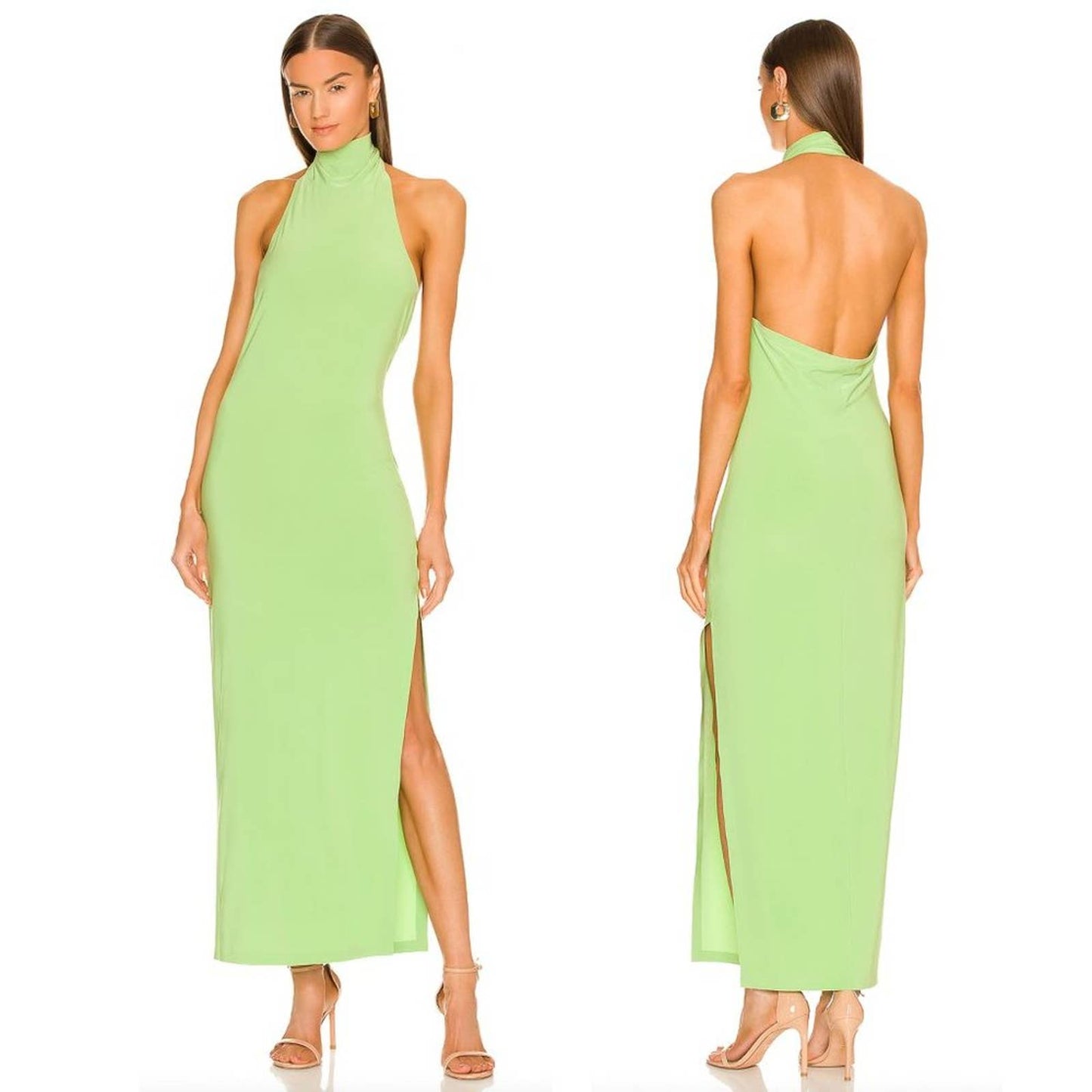 NEW Norma Kamali x REVOLVE Halter Turtle Side Slit Gown Gemini Green Maxi Dress