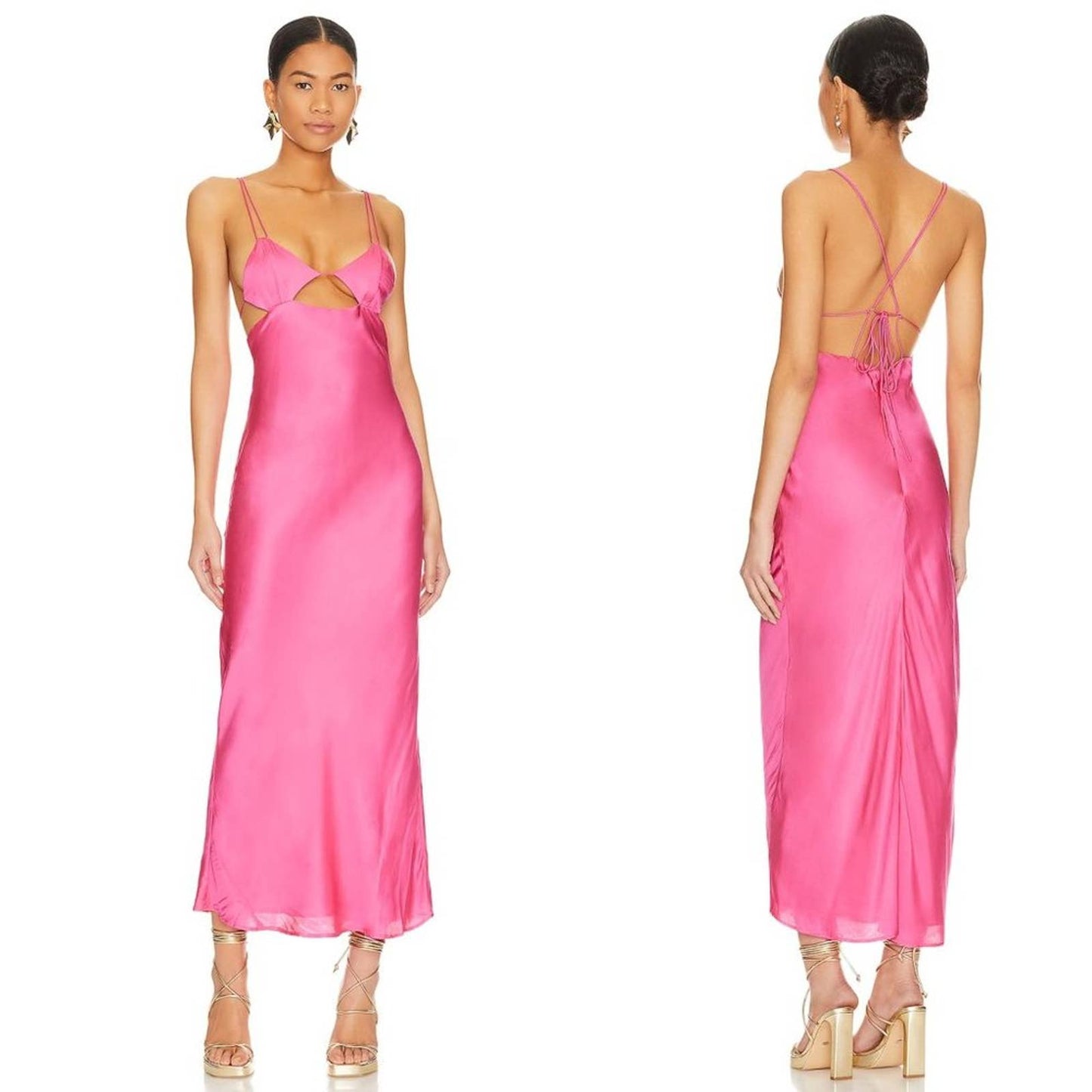 NEW Bardot Lucia Midi Slip Dress in Hot Pink Satin Silk Cutout Backless Maxi