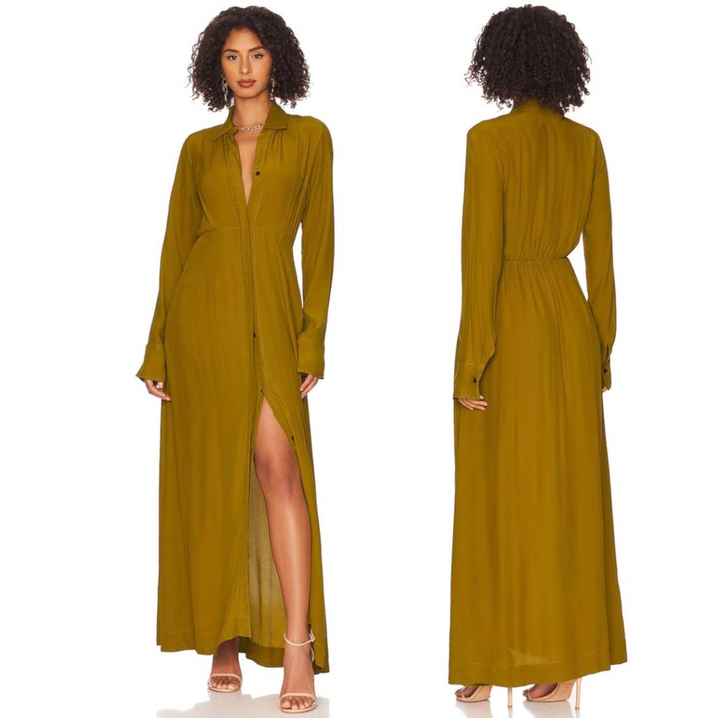 NEW SWF Long Sleeve Button Up Maxi Dress in Pear Army Olive Green Small S