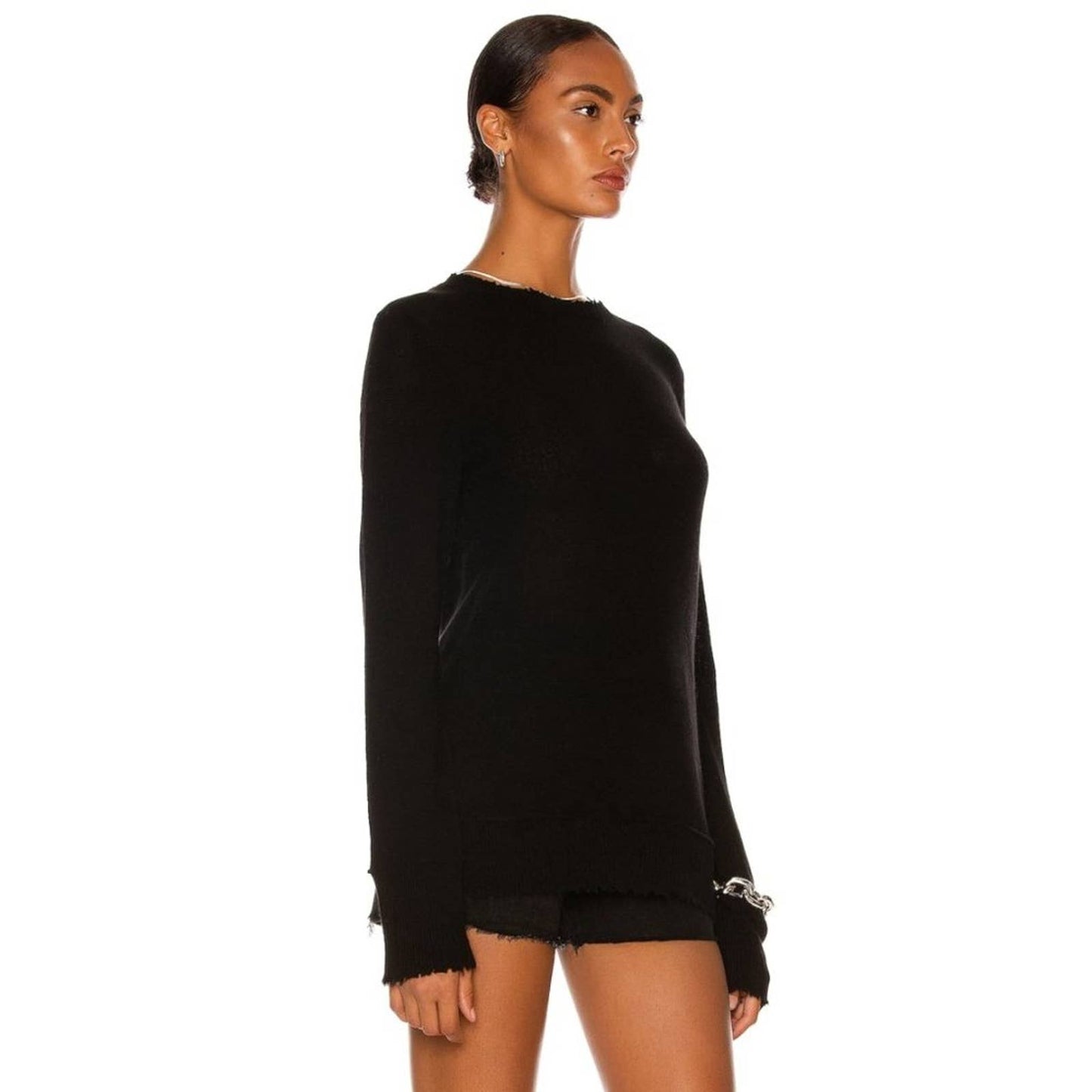 NEW R13 Cashmere Distressed Edge Sweater in Black Knit Long Sleeve - Small S