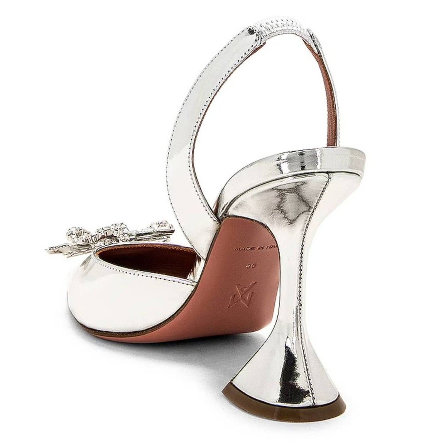 AMINA MUADDI Rosie Sling Heel in Mirror Silver - Bow Slingback Pump - 38.5 / 8.5