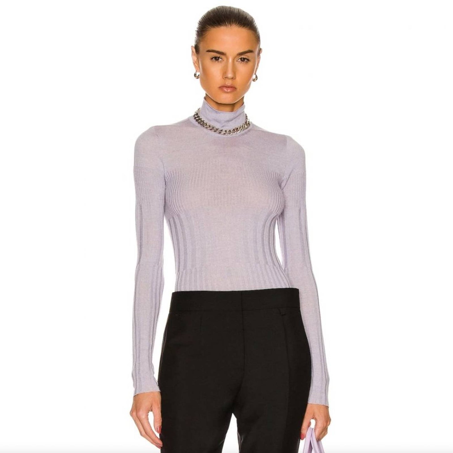 NEW Givenchy Long Sleeve Cyclist Neck Ribbed Sweater in Light Purple Wool LARGE