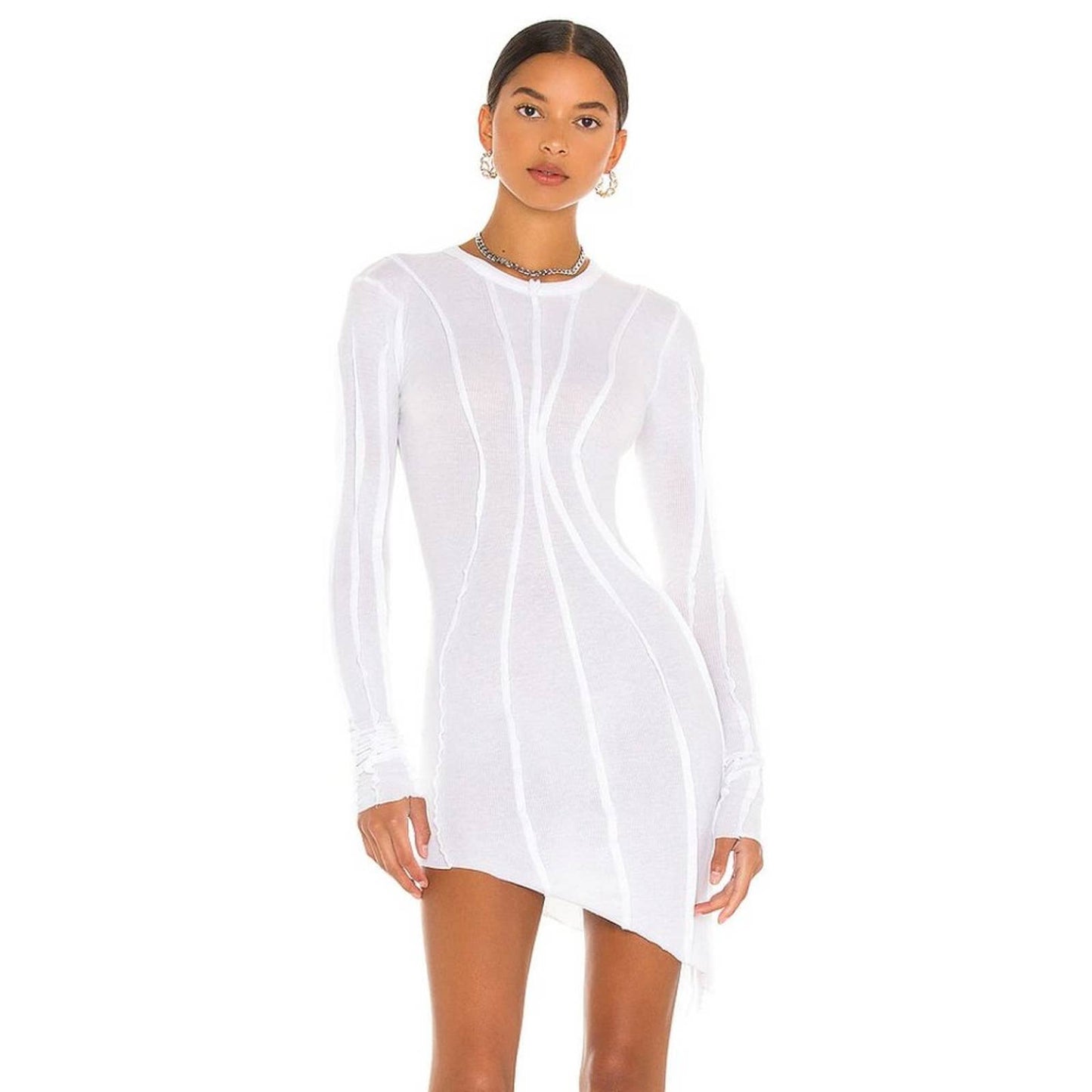 NEW SAMI MIRO VINTAGE Asymmetric Baby Rib Mini Dress White Long Sleeve Medium M