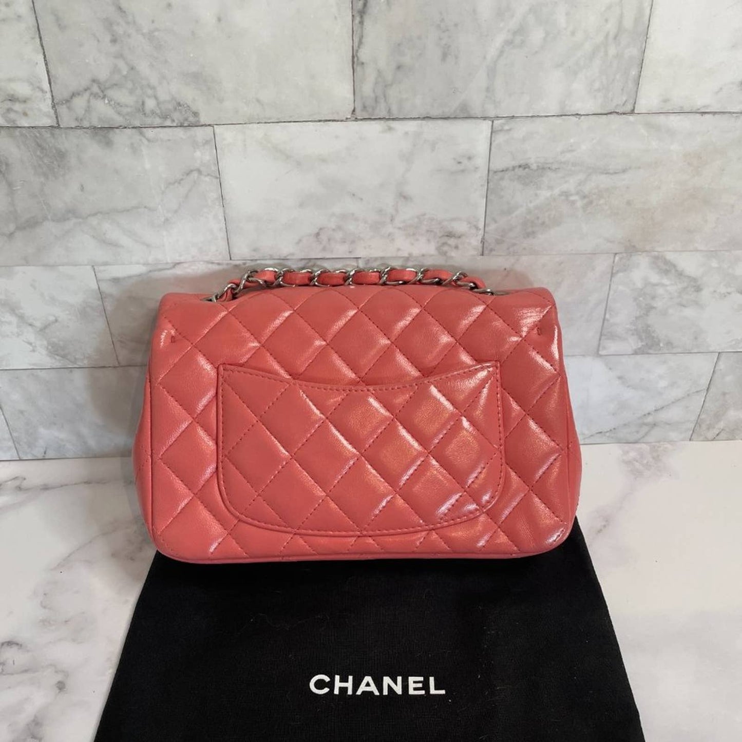 Chanel Mini Classic Flap Pink Coral Orange Lambskin Rectangular Crossbody Silver