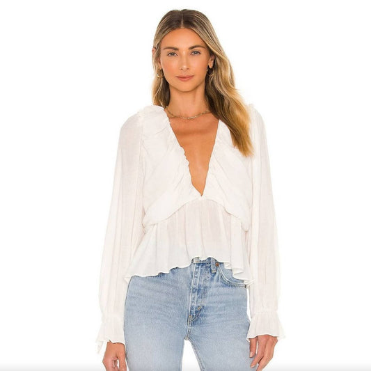 NEW Free People Daia Top in French Vanilla White Long Sleeve V Neck Blouse XS