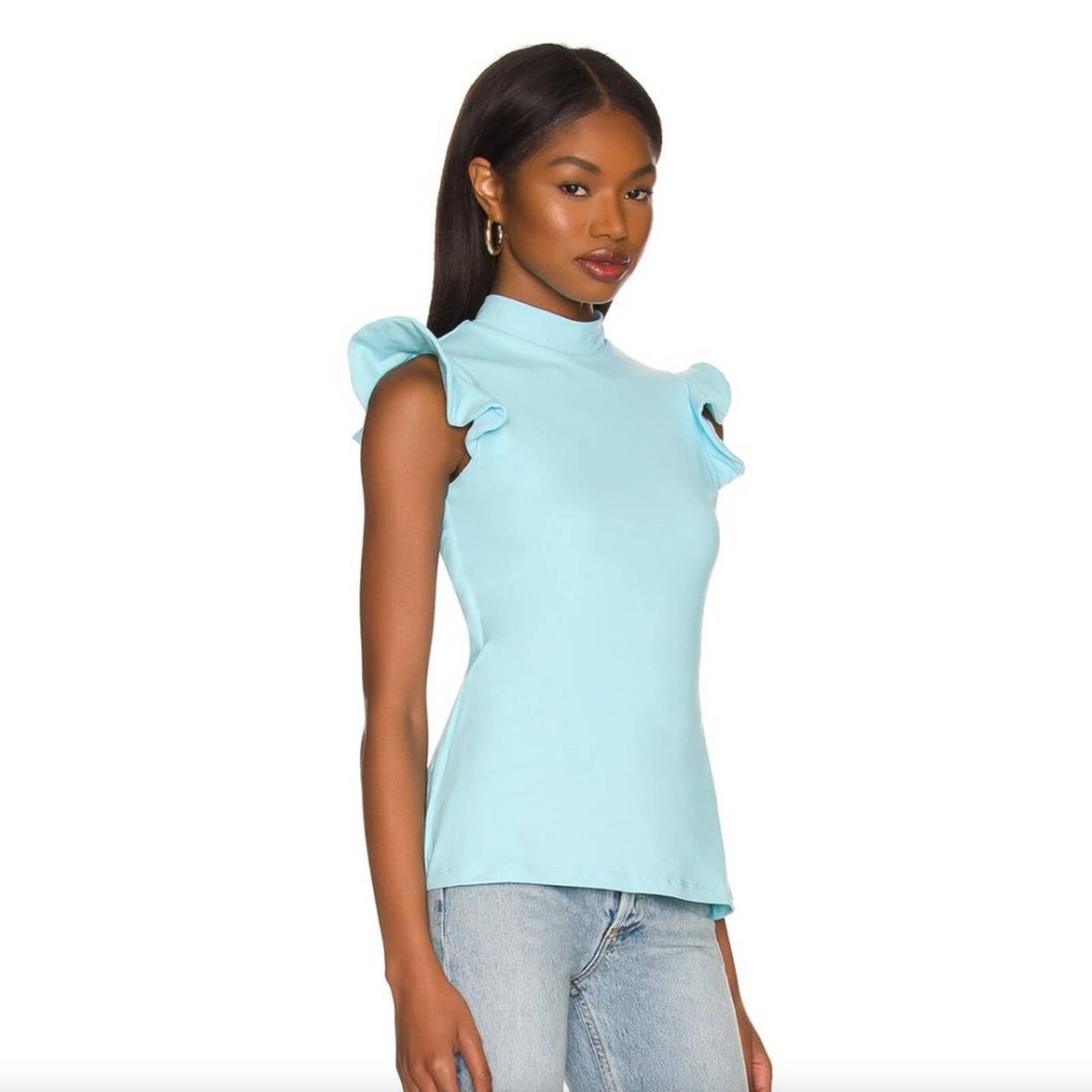 NEW Susana Monaco x REVOLVE Ruffle Mock Neck Top in Fresh Water Aqua Blue Tee S