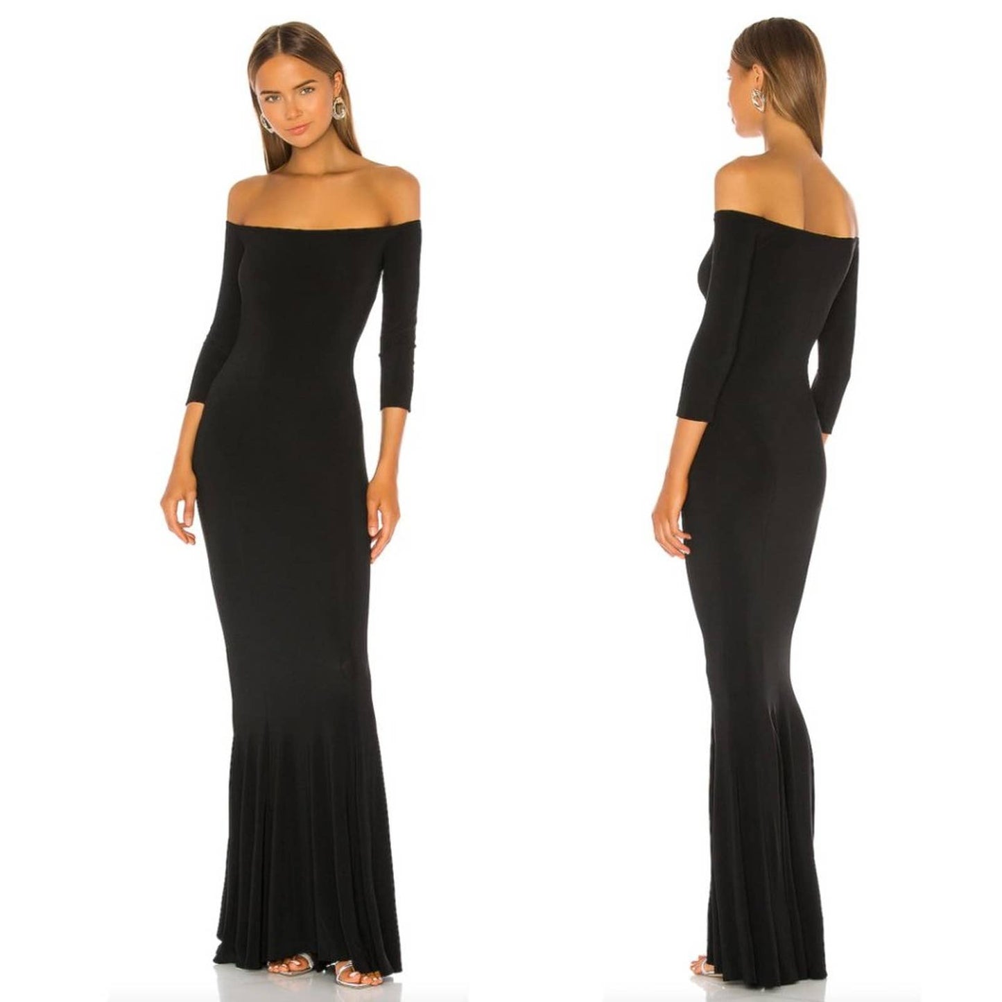 NEW Norma Kamali Off the Shoulder Fishtail Gown Black Long 3/4 Sleeve Maxi Dress