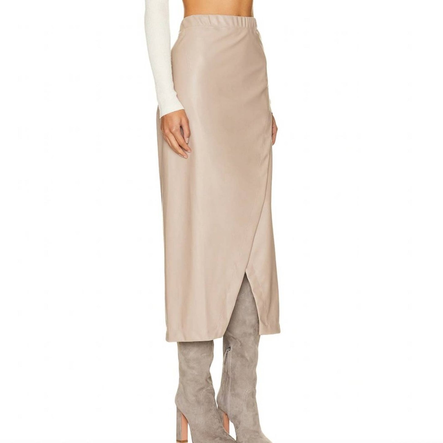 NEW Enza Costa Matte Vegan Leather Wrap Midi Skirt in Putty Beige Nude 2 MEDIUM