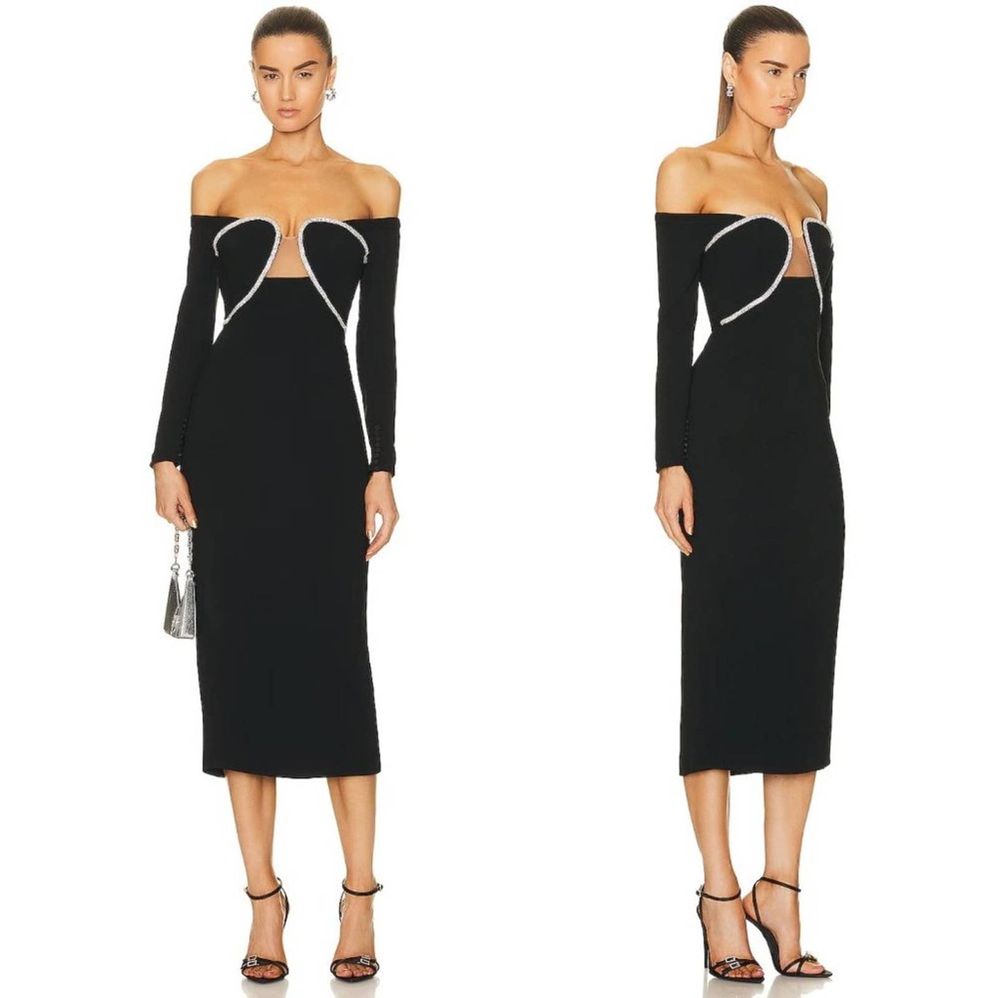 NEW self-portrait Off Shoulder Heavy Crepe Midi Dress in Black Long Sleeve 0 XS