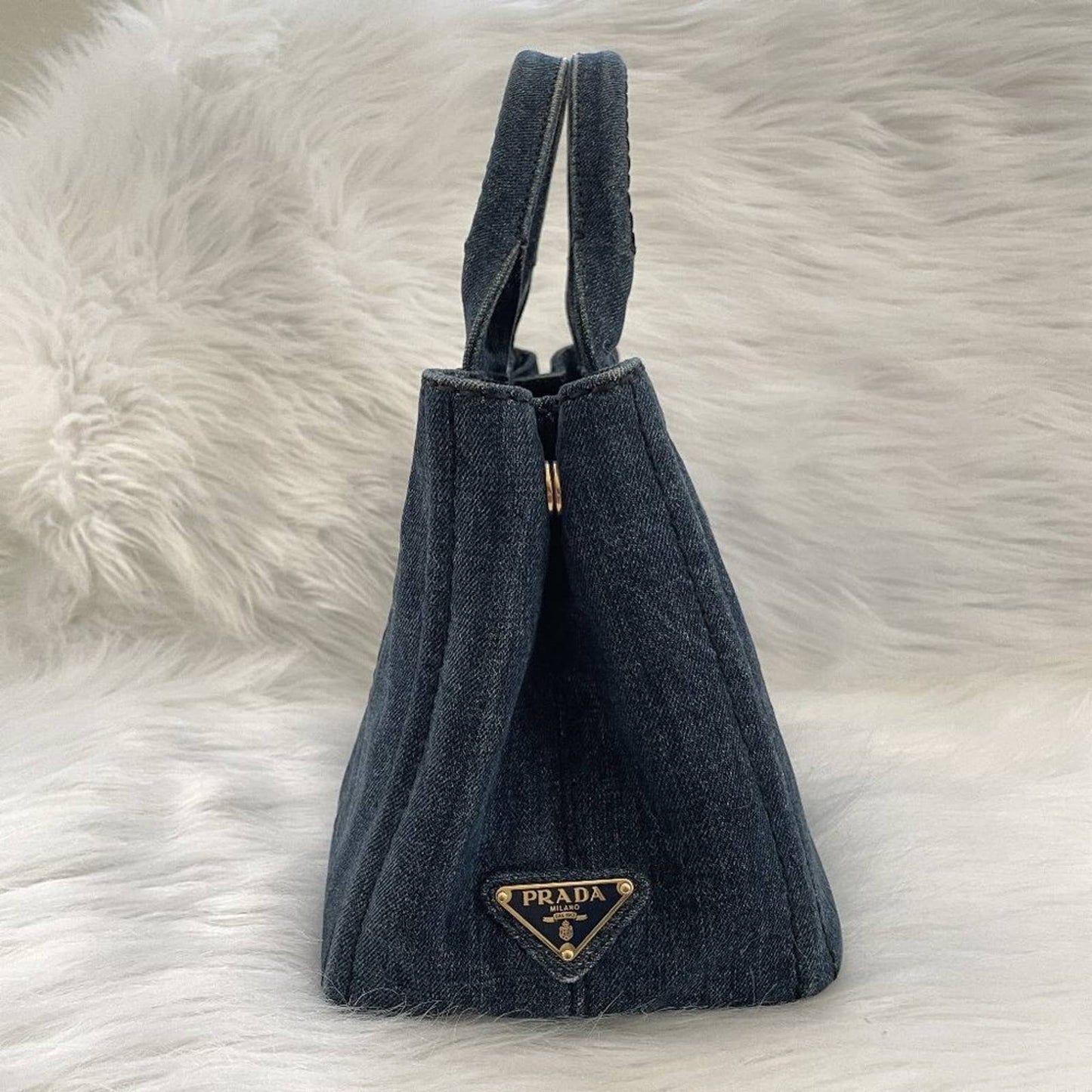 PRADA Canapa Mini Logo Tote Bag in Dark Wash Blue Denim Vintage Top Handle