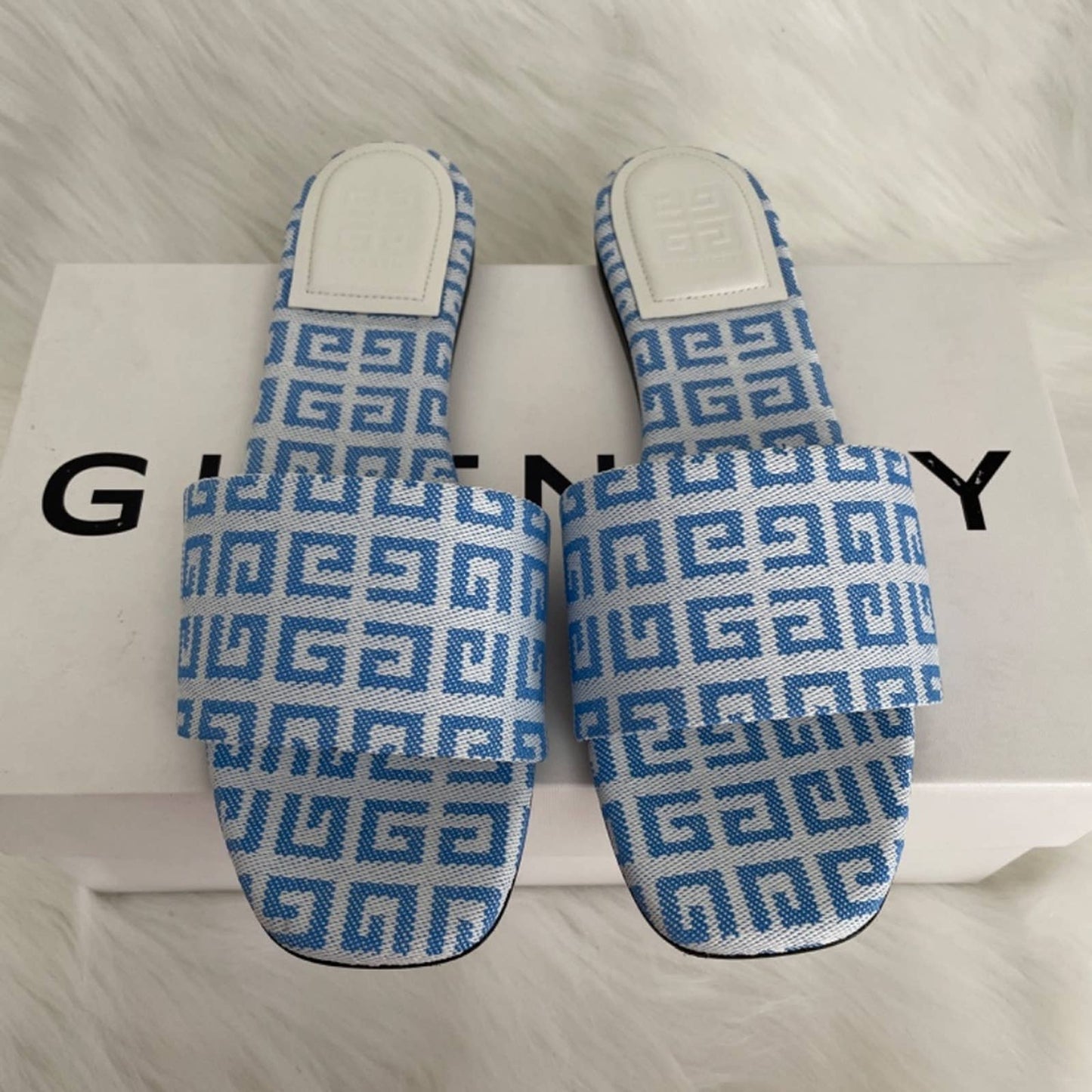 NEW Givenchy 4G Flat Mule Sandals in White & Blue Logo Slides Slide 39.5 / 9.5