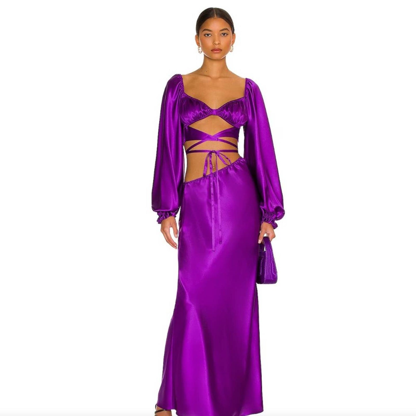 NEW Silk Roads by Adriana Iglesias Estela Crop Top Purple Wrap Satin Long Sleeve