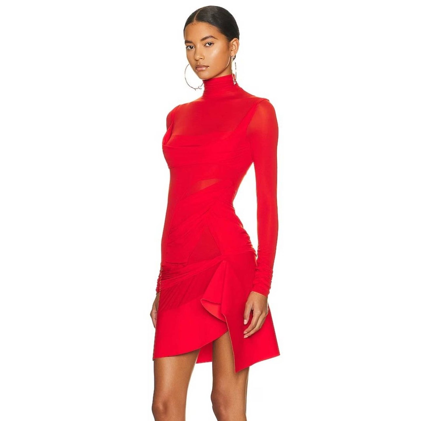 NEW Mugler Stretch Layered Mini Dress in Red Long Sleeve Turtleneck 36 / 4