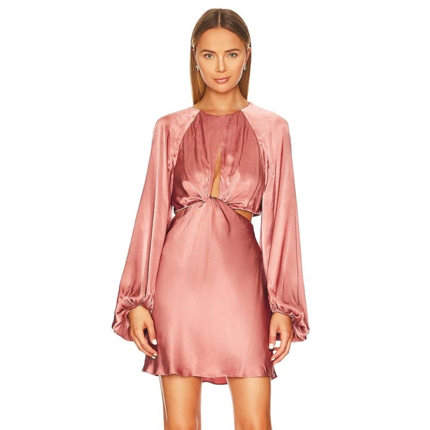 NEW Shona Joy Angelica Long Sleeve Mini Dress in Rouge Pink Satin 0 XS