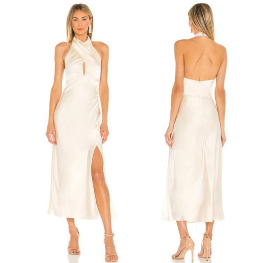 NEW NICHOLAS Aline Midi Dress Milk Cream Ivory White Silk Bridal Halter 4 Small