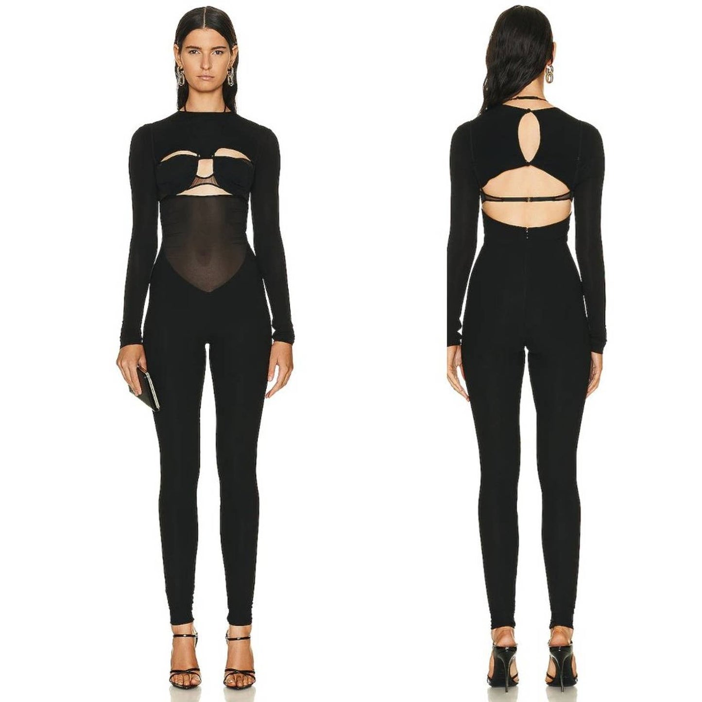 NEW Nensi Dojaka Draped Double Bra Fitted Long Sleeve Jumpsuit in Black Small S