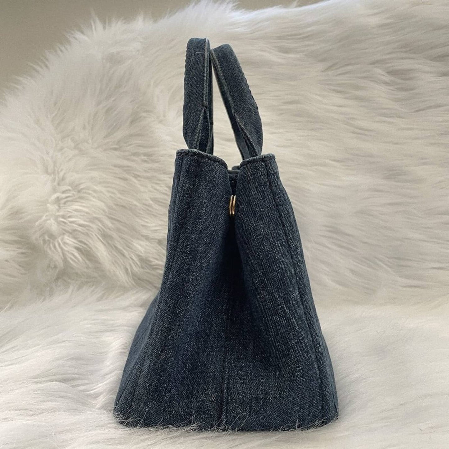 PRADA Canapa Mini Logo Tote Bag in Dark Wash Blue Denim Vintage Top Handle