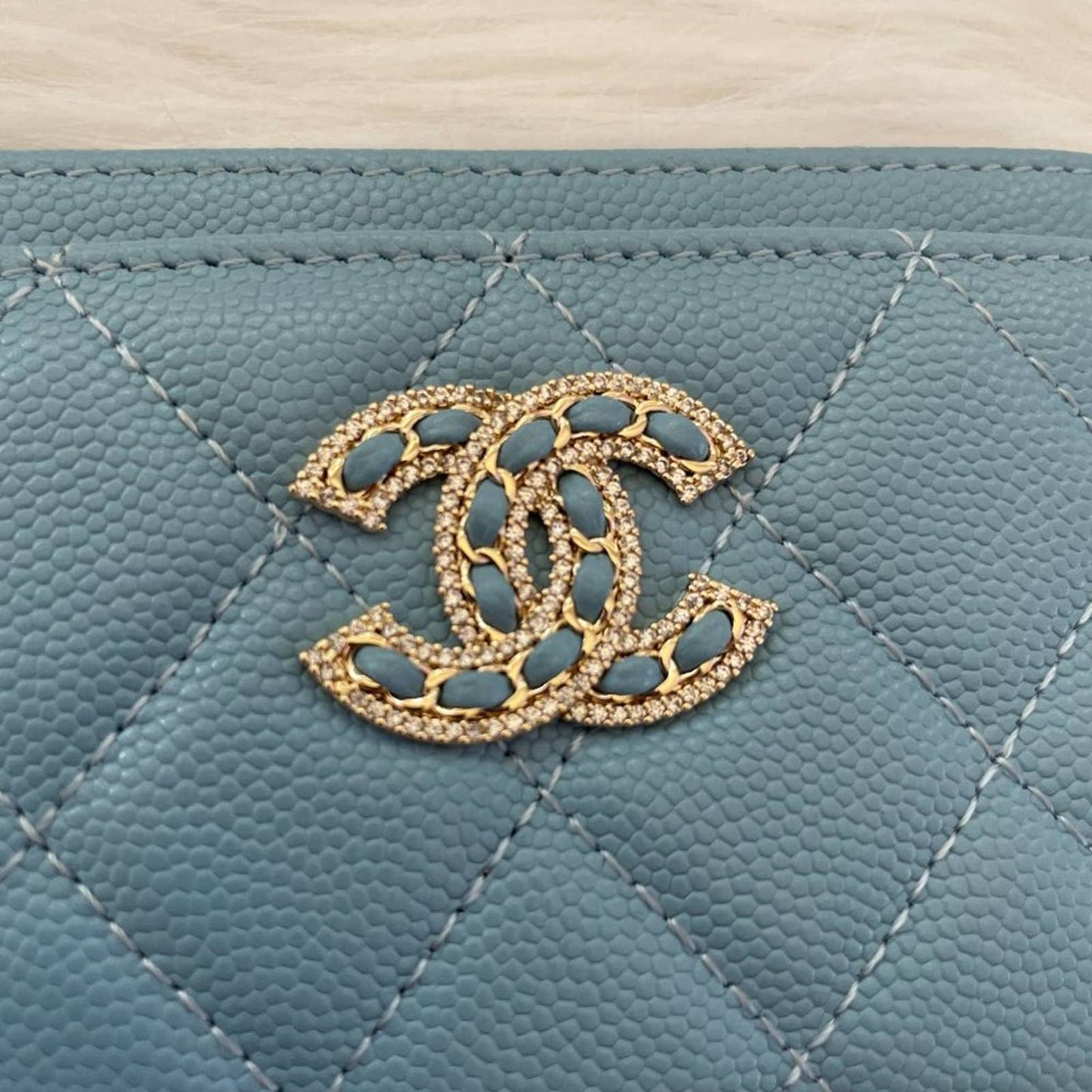 Chanel CC Light Blue Quilted Caviar Leather Cardholder 2021 Gold Embellished HW