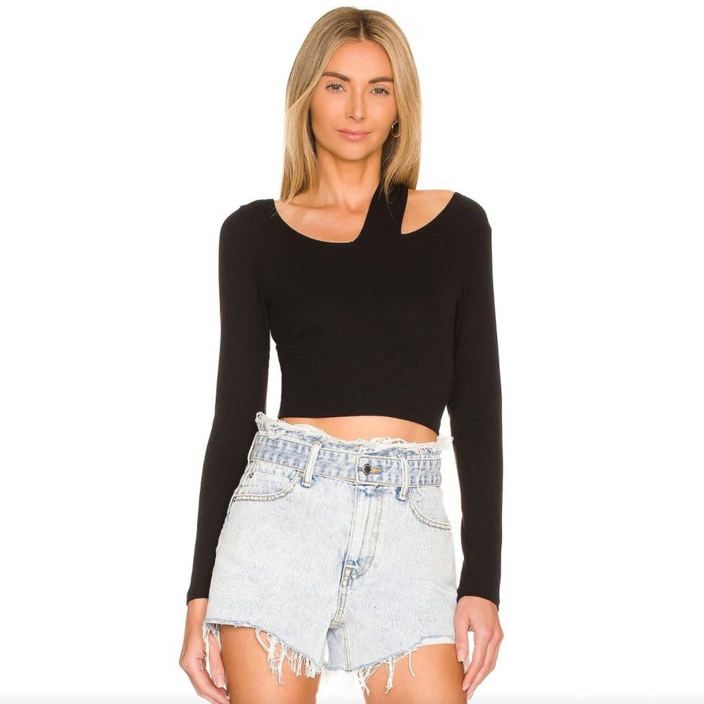 NEW LNA Yisroel Long Sleeve Crop Top in Black Jersey Cutout Large L