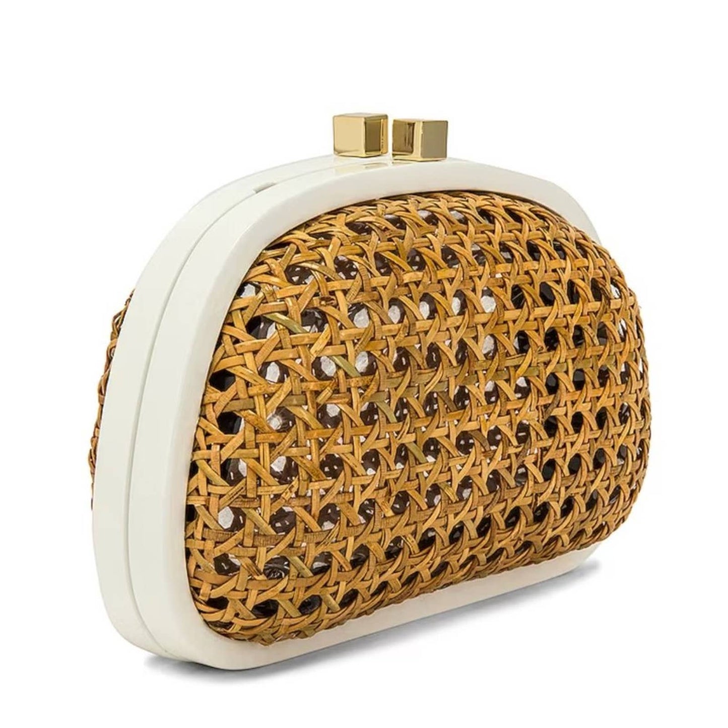 Serpui Mia Clutch in White & Brown Straw Crossbody Chain Bag