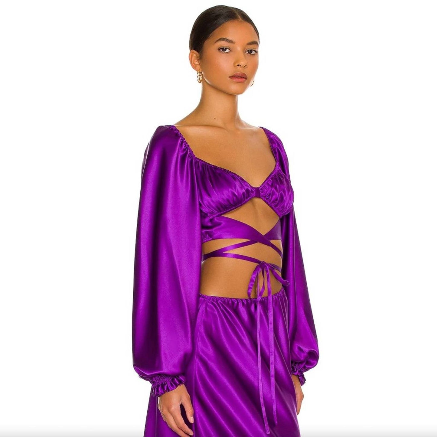 NEW Silk Roads by Adriana Iglesias Estela Crop Top Purple Wrap Satin Long Sleeve