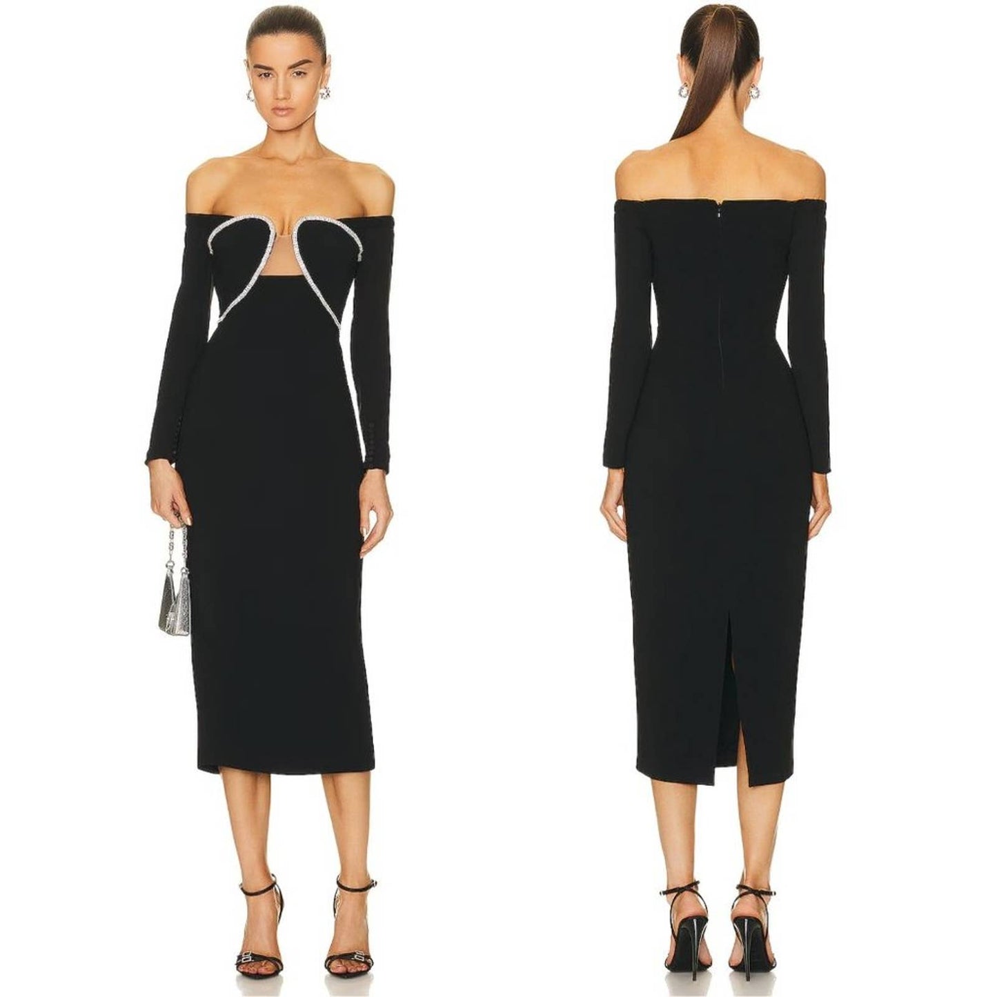 NWD self-portrait Off Shoulder Heavy Crepe Midi Dress in Black Long Sleeve 0 XS