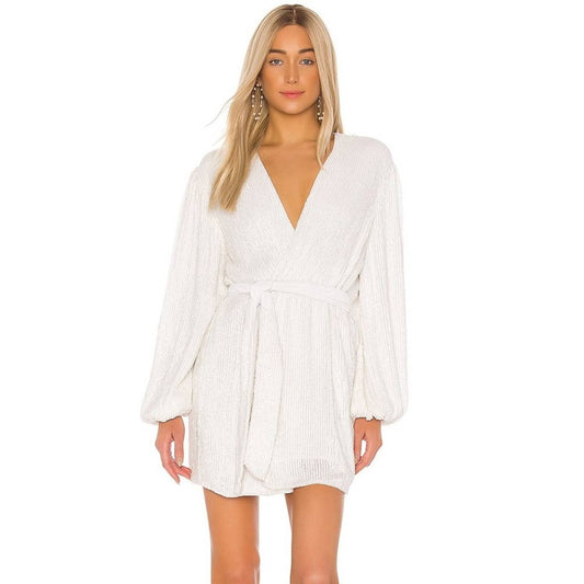 NEW retrofete Gabrielle Robe Mini Dress Moonglow White Sequin Long Sleeve Small