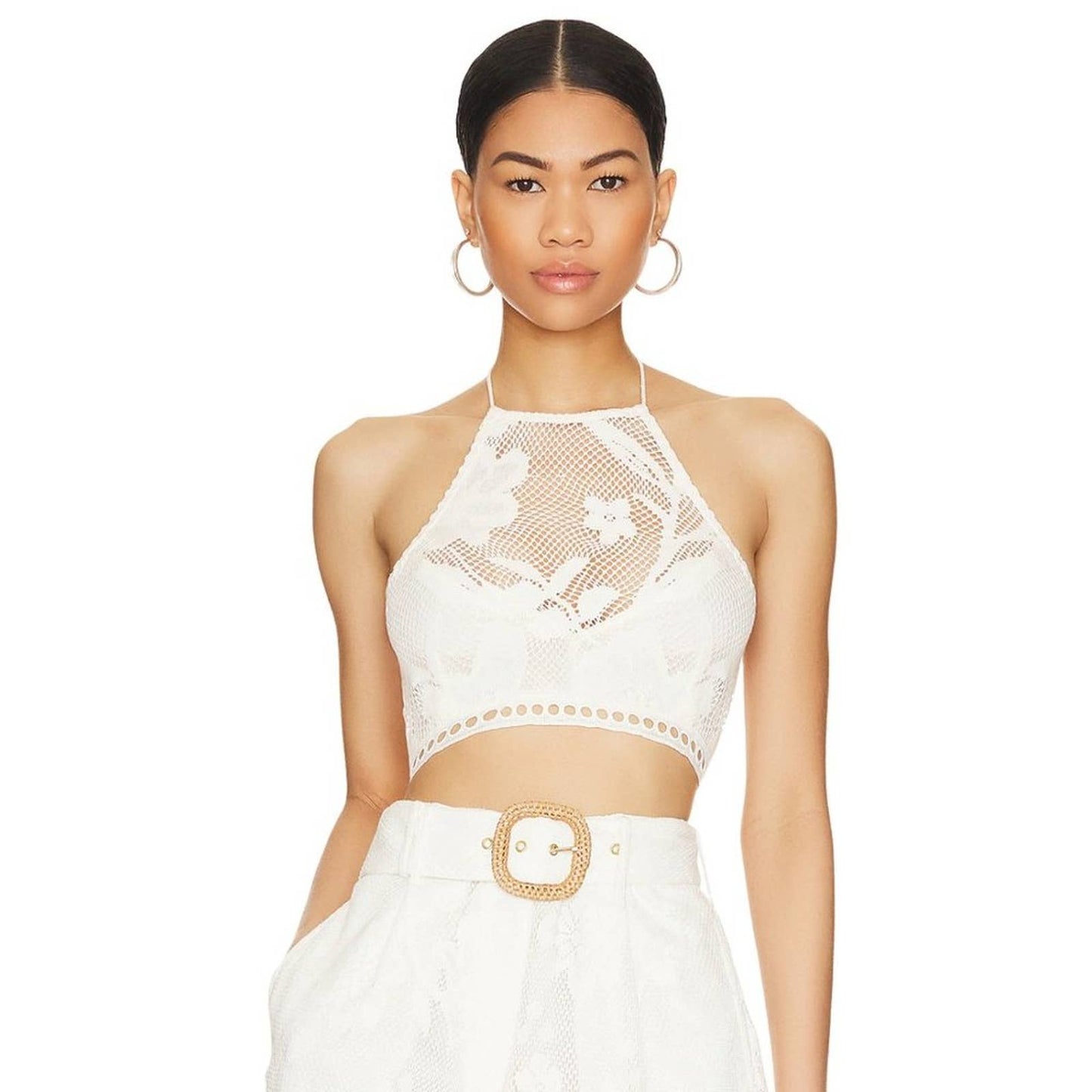 NEW HEMANT AND NANDITA Nysa Halter Neck Crop Top in Off White Lace Small S