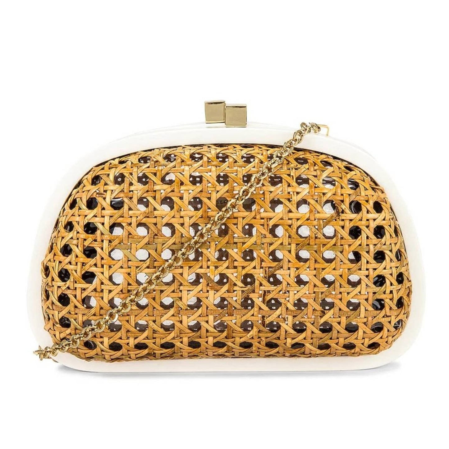 Serpui Mia Clutch in White & Brown Straw Crossbody Chain Bag