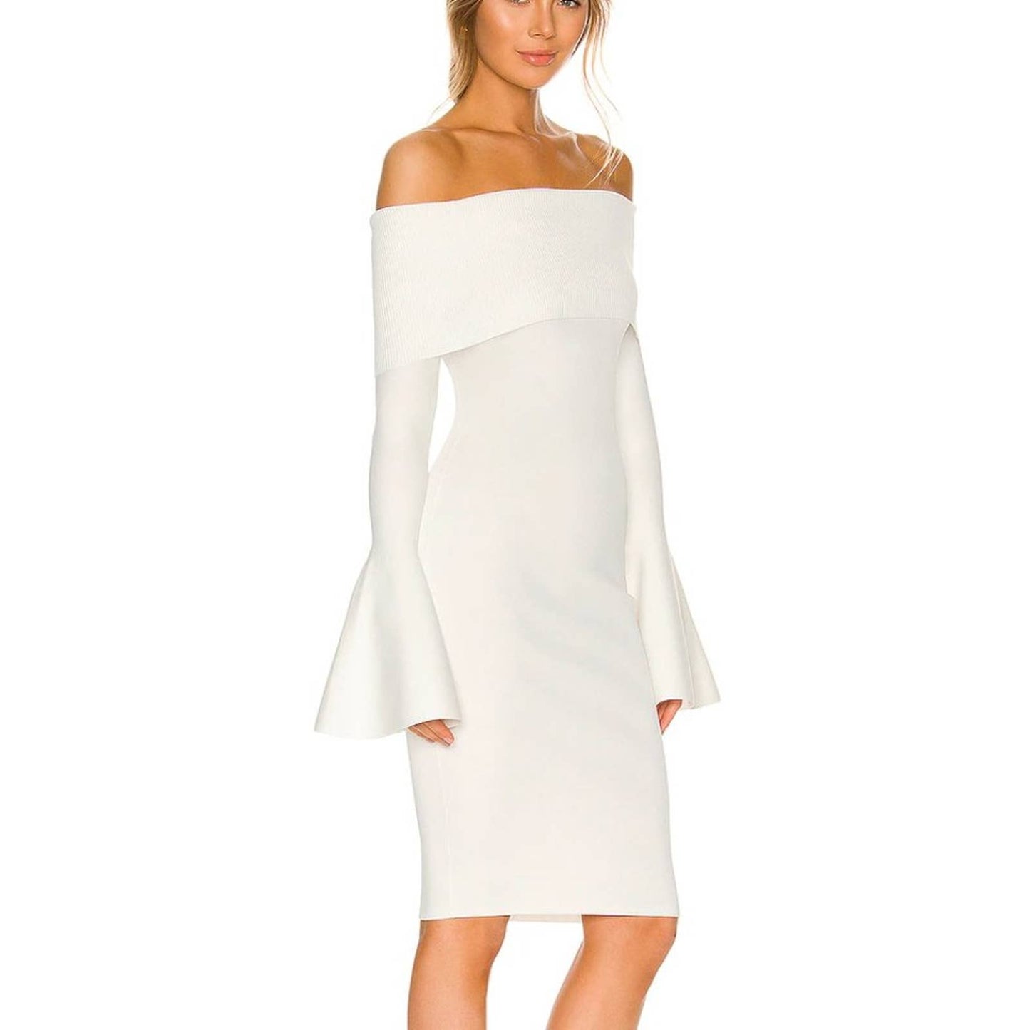 SOLACE London Mori Midi Dress in Cream White Medium M Classy Long Bell Sleeve