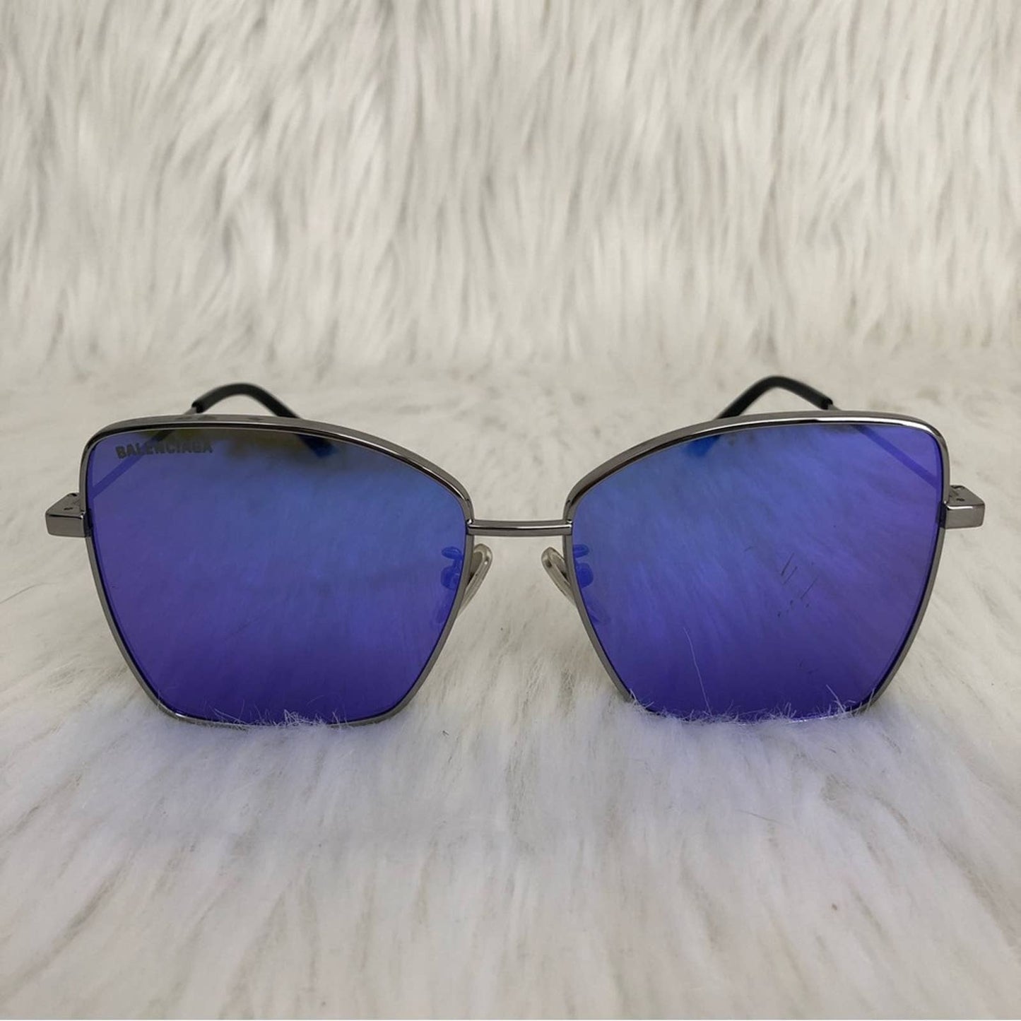 Balenciaga Trim Square Sunglasses in Ruthenium Blue Silver Oversized Sun Glasses