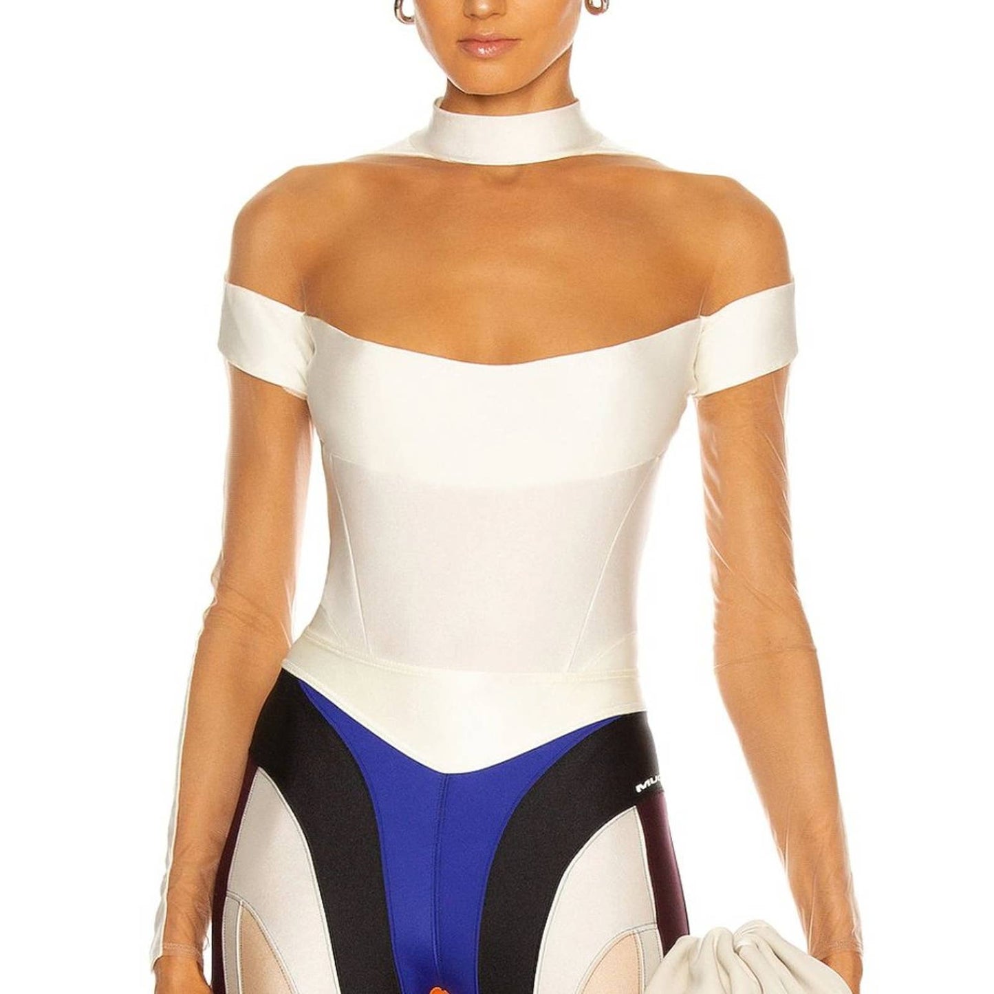 NEW Mugler Illusion Long Sleeve Bodysuit in White Nude - Cutout Mesh - 38 / 6