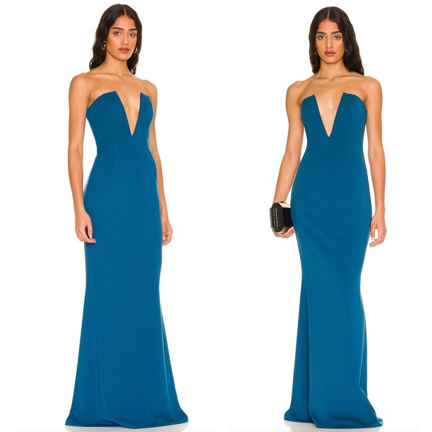 NEW Katie May Crush Gown in Dark Teal Blue V Neck Strapless Maxi Dress Large L