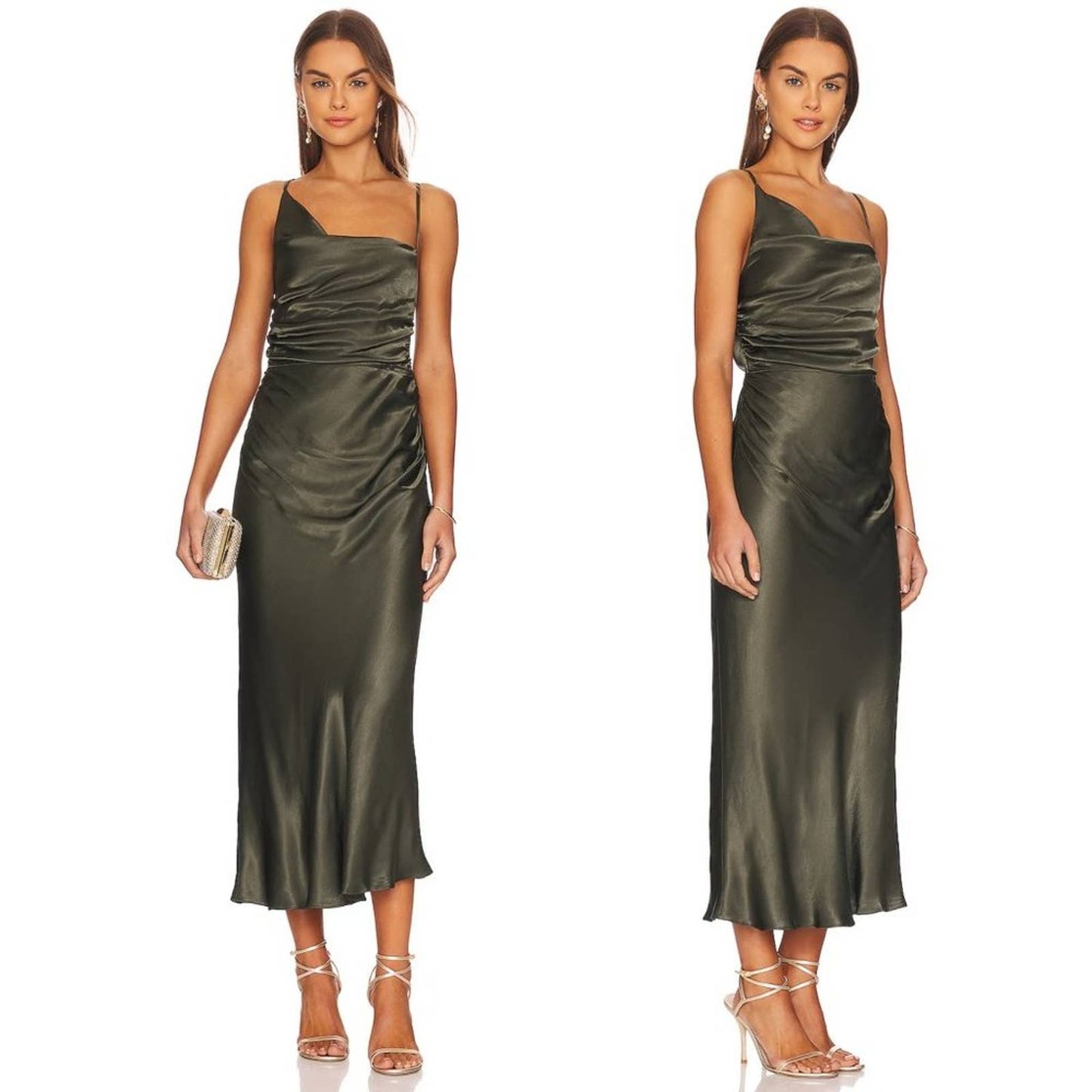 NEW Shona Joy Giorgia Asymmetrical Midi Dress Forest Dark Green Formal Satin 4