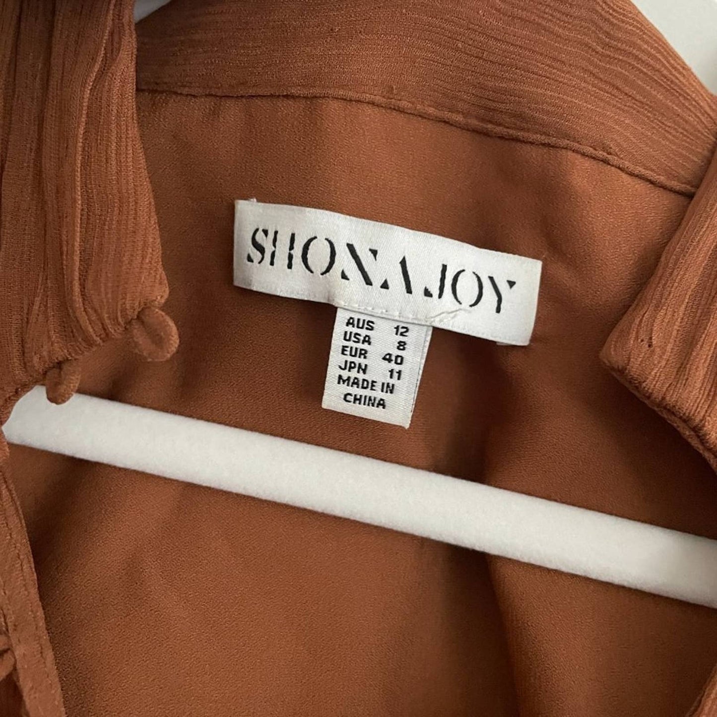 Shona Joy Leonie Button Up Ruched Mini Dress in Almond Brown Orange Long Sleeve