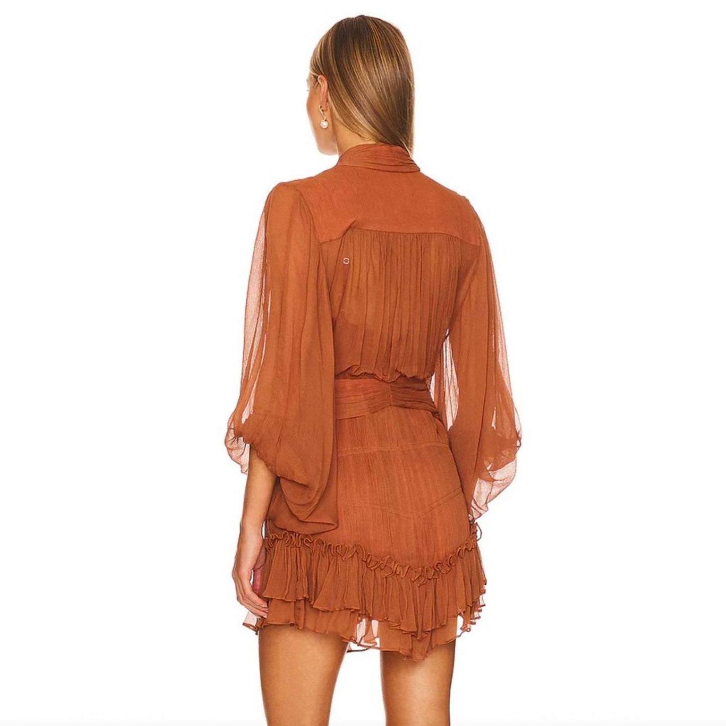 Shona Joy Leonie Button Up Ruched Mini Dress in Almond Brown Orange Long Sleeve