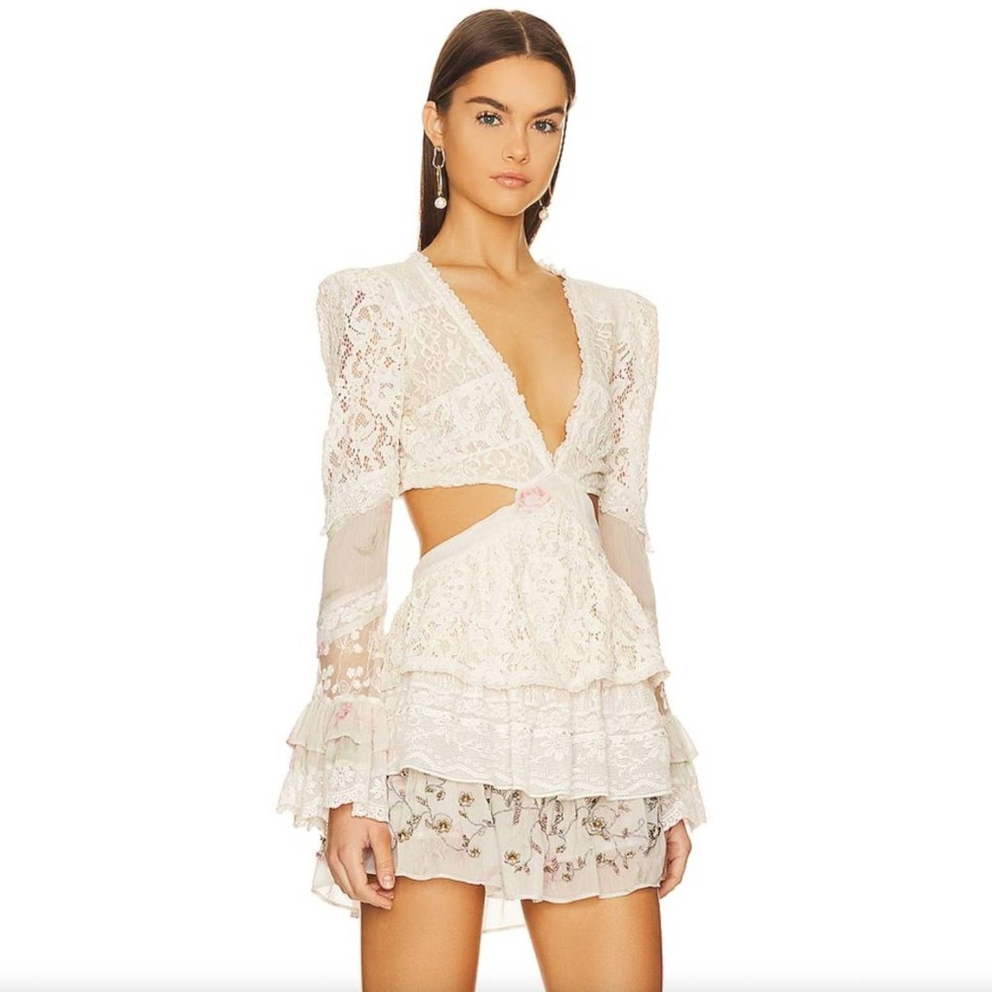 NEW LoveShackFancy Karine Mini Dress Magnolia Tea White Cream Lace Long Sleeve